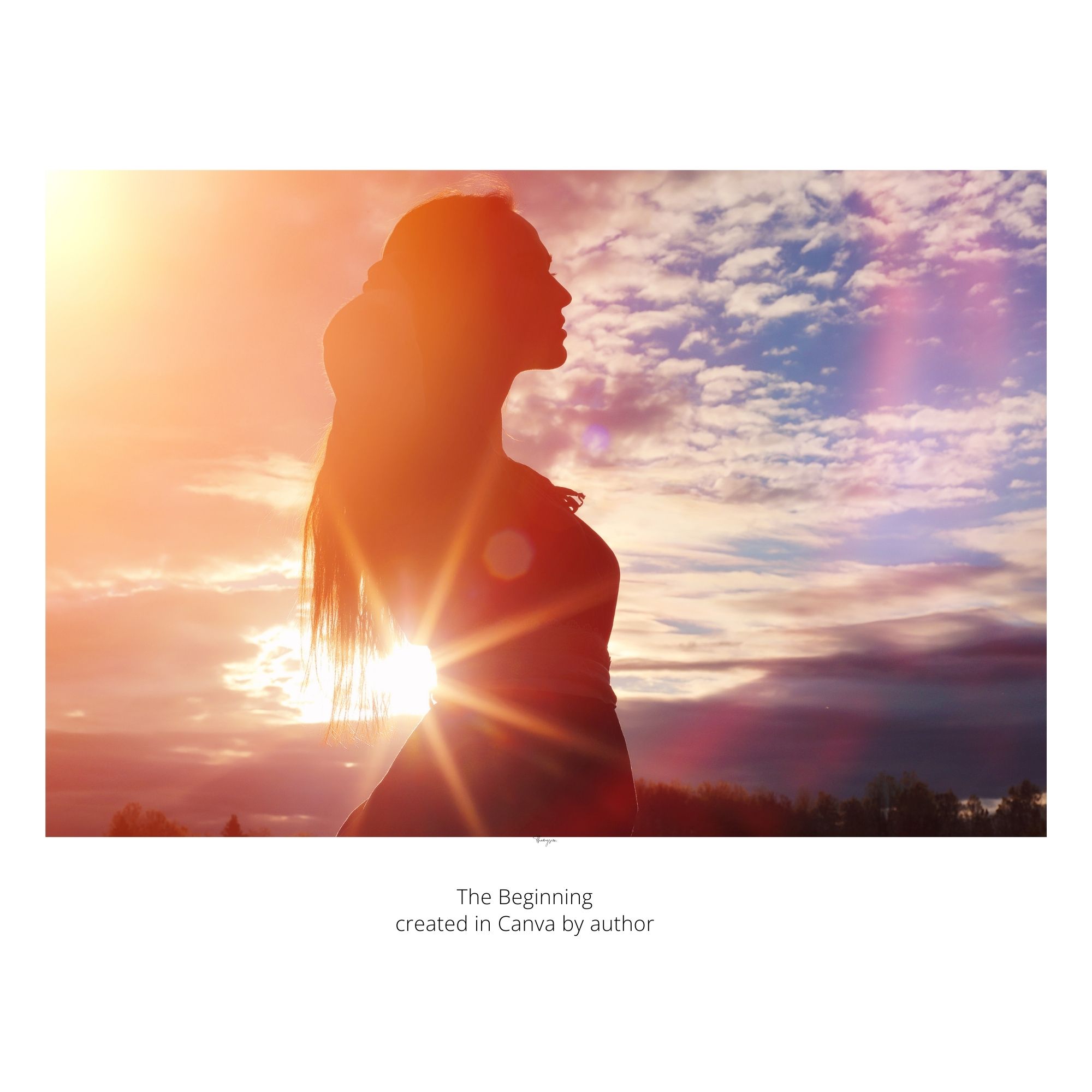 A woman's silhouette is looking to right at a horizon.