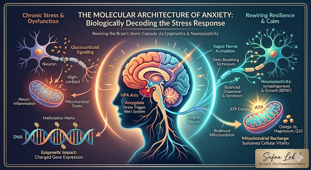 An artistic scientific visualization of the human brain showing the Default Mode Network and Cortisol regulation for stress response.