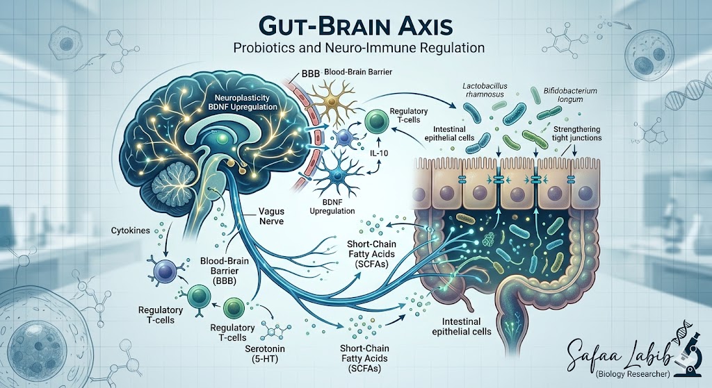 Detailed biological diagram of the Gut-Brain Axis and Vagus Nerve communication, research by Biology Researcher Safaa Labib.