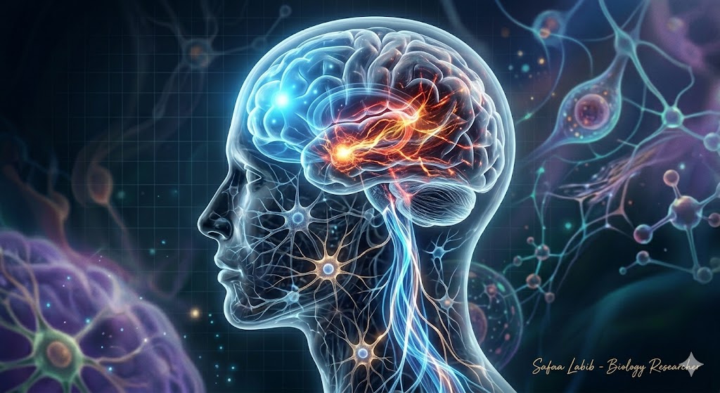 "An abstract illustration depicting neural dissonance: a chaotic, glowing red amygdala (fear/stress) overpowering the calm, structured blue neural network of the prefrontal cortex (focus/presence), illustrating why a stressed brain cannot build authority."