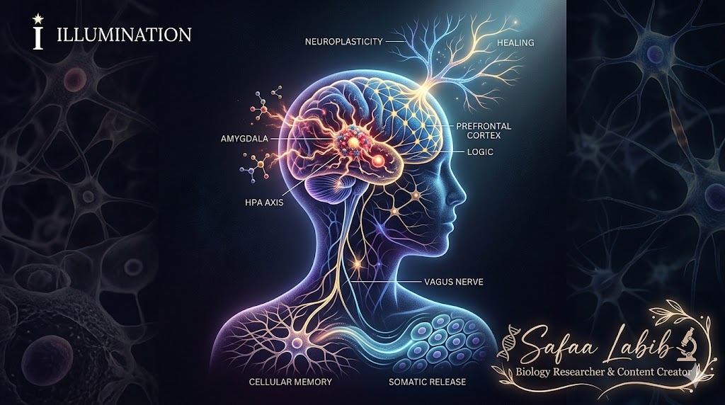 A biological map showing the Amygdala bypassing the Prefrontal Cortex and the HPA axis activation during trauma memory.