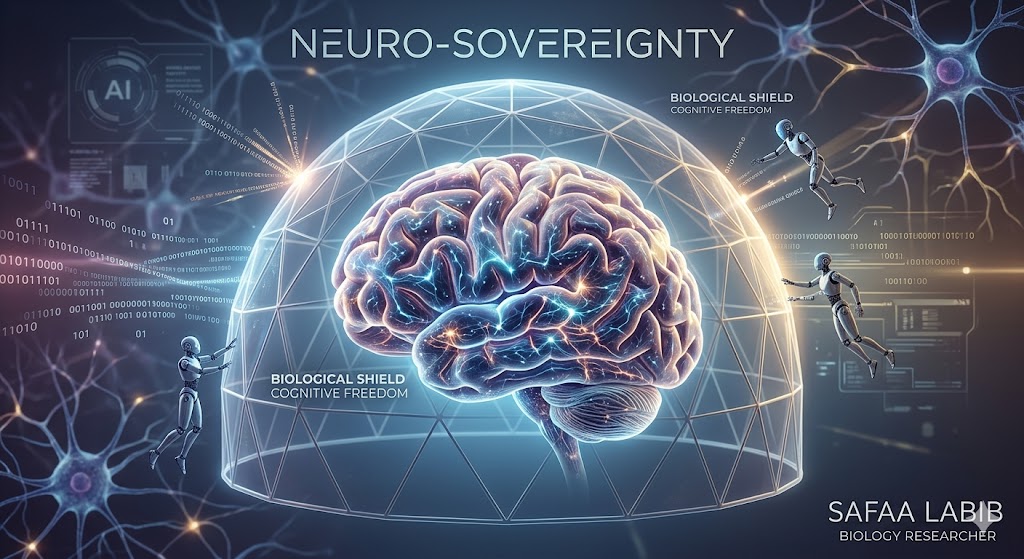 Conceptual neurobiological illustration merging a fortified human brain with a geodesic shield, representing Neural Sovereignty against AI algorithm intrusion and functional atrophy.