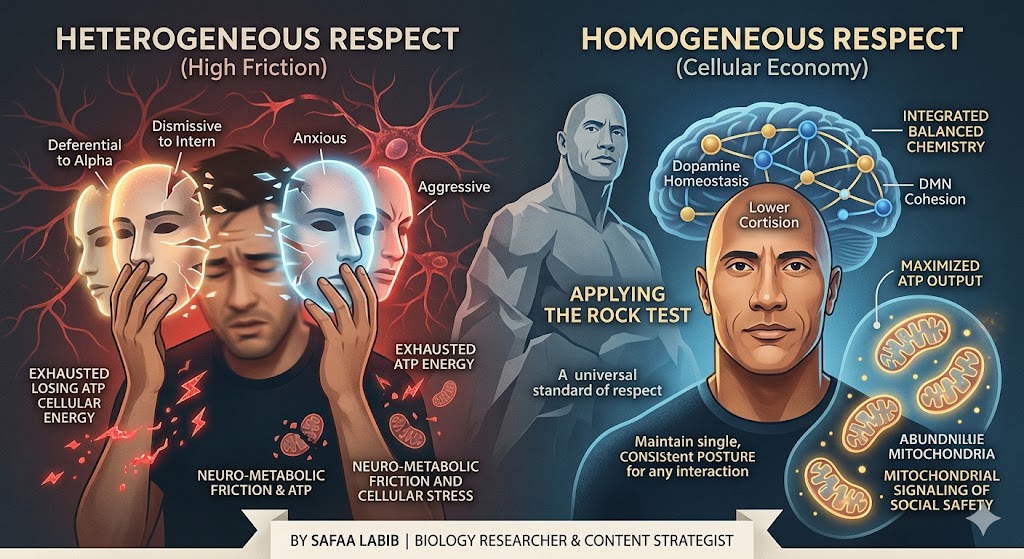 A neuro-metabolic infographic comparing the biological cost of social stress and 'social morphing' (left) versus the ATP efficiency of 'social safety' and consistent respect (right)."