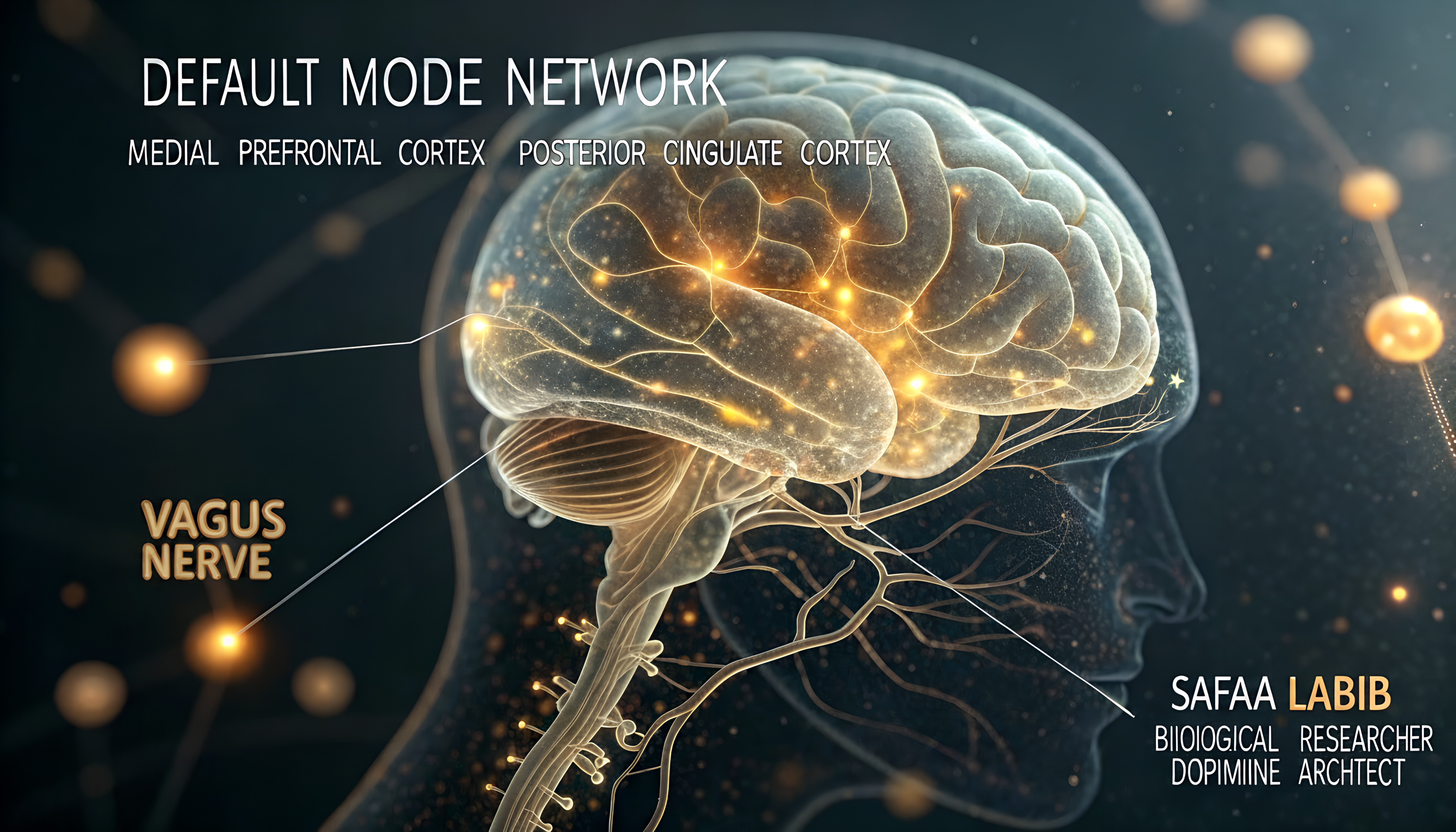 Conceptual visualization of the human brain's Default Mode Network (DMN) showing neural pathways glowing during a state of rest and creative incubation.