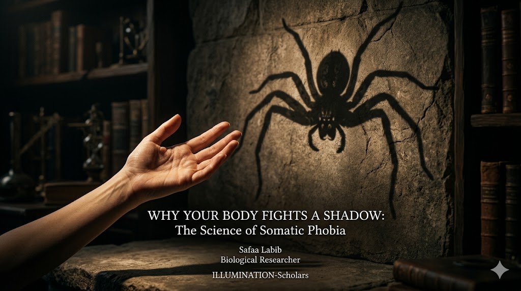 "Article cover for 'Why Your Body Fights a Shadow' by Safaa Labib, featuring biological elements related to somatic phobia and anxiety research."