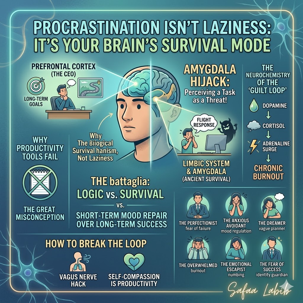 "Somatic phobia biology researcher Safaa Labib. Brain illustration of amygdala hijack stress response."