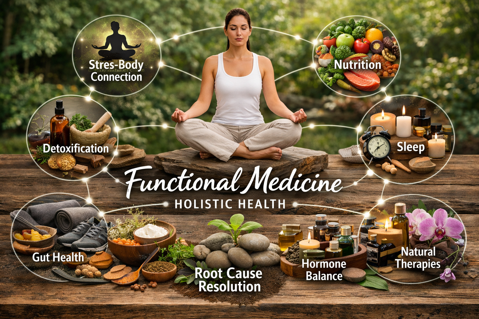 Woman meditating with elements of stress-body connection, nutrition, sleep, natural therapies, hormone balance, root cause resolution, gut health, and detoxification