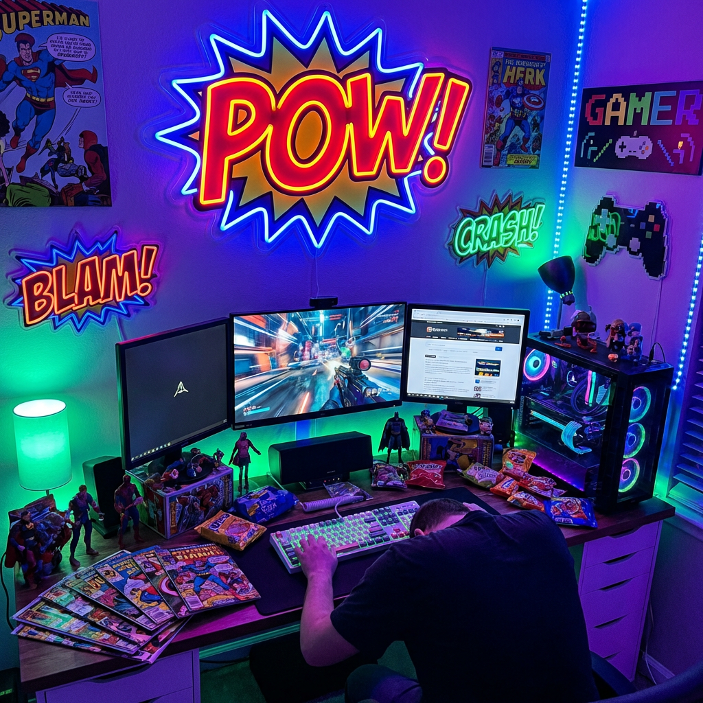 Gamer resting head on keyboard at a colorful superhero-themed gaming desk with three monitors and comic book decorations