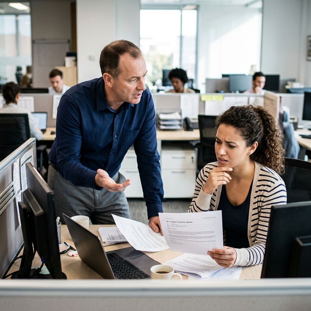 A man in a blue shirt talking to a woman holding papers at her desk