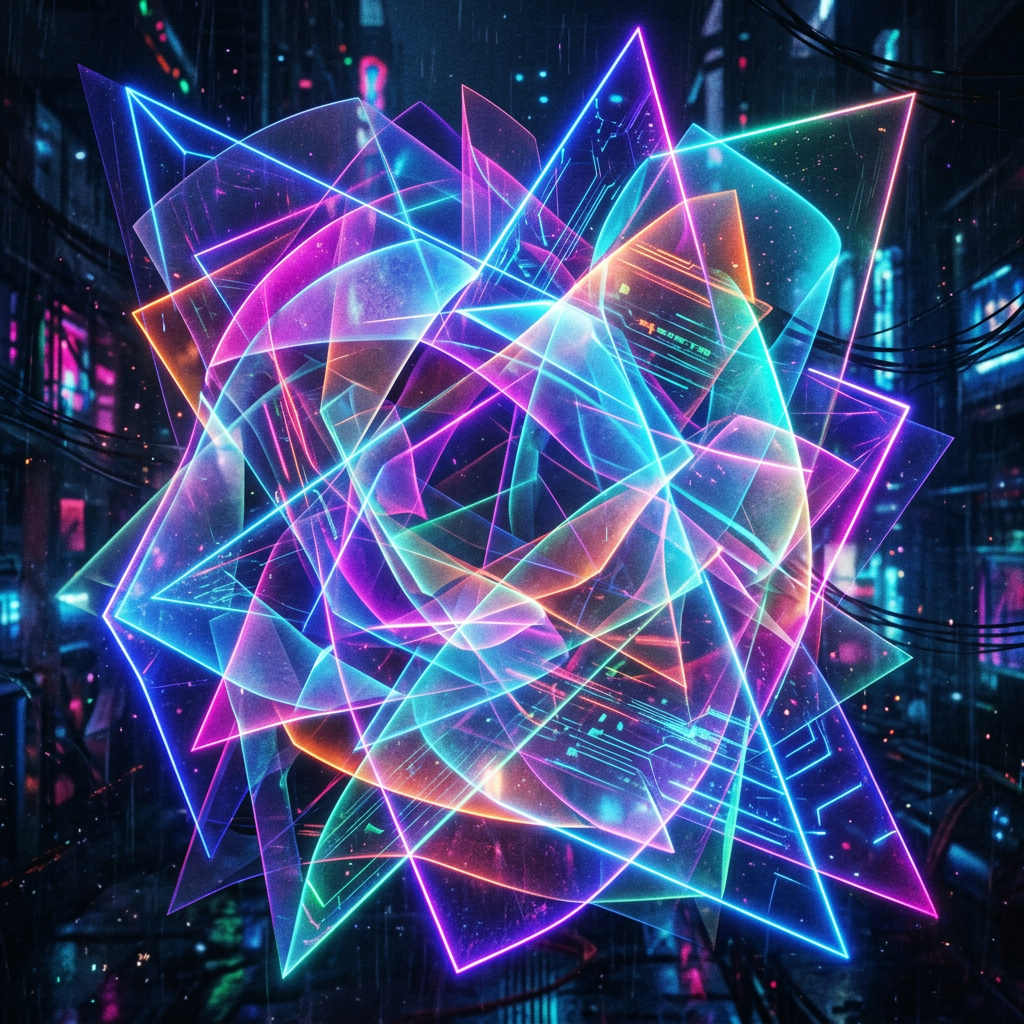 Overlapping translucent neon geometric shapes forming a glowing abstract sculpture in a dark urban setting