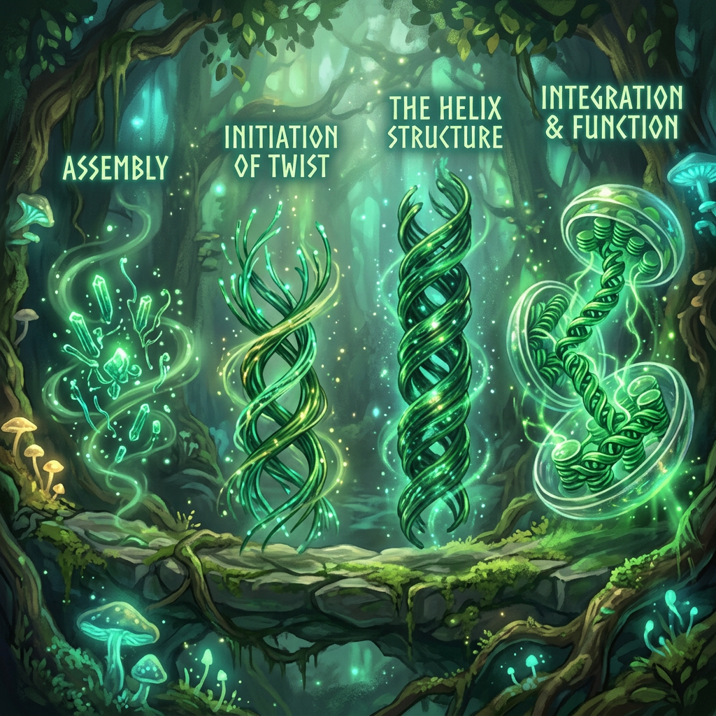 Four stages of helical structure formation: assembly, initiation of twist, the helix structure, integration and function.