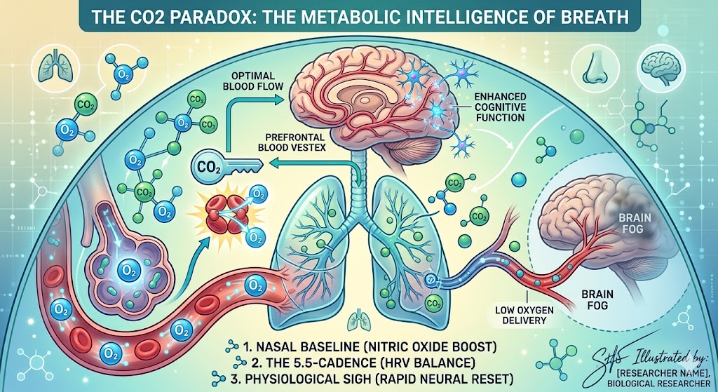 An intricate infographic contrasting stress-induced rapid breathing and optimized slow breathing. It visually demonstrates 'The CO2 Paradox,' where balanced carbon dioxide acts as a metabolic key (using 'Bohr Effect') to unlock efficient oxygen release for enhanced cognitive function, stress reduction, and nitric oxide production in the brain.
