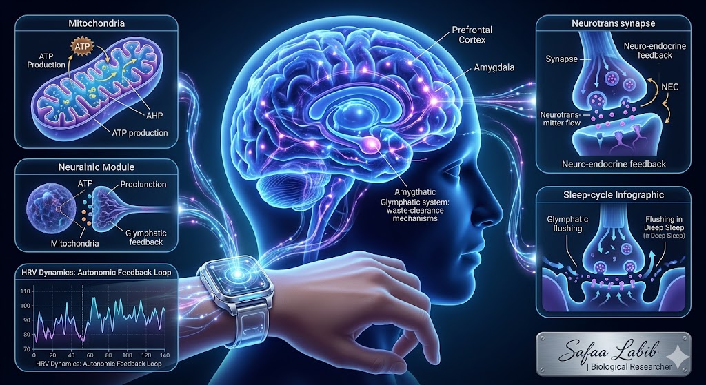 Bio-digital infographic of homeostatic resilience and wearable technology sensors by Safaa Labib