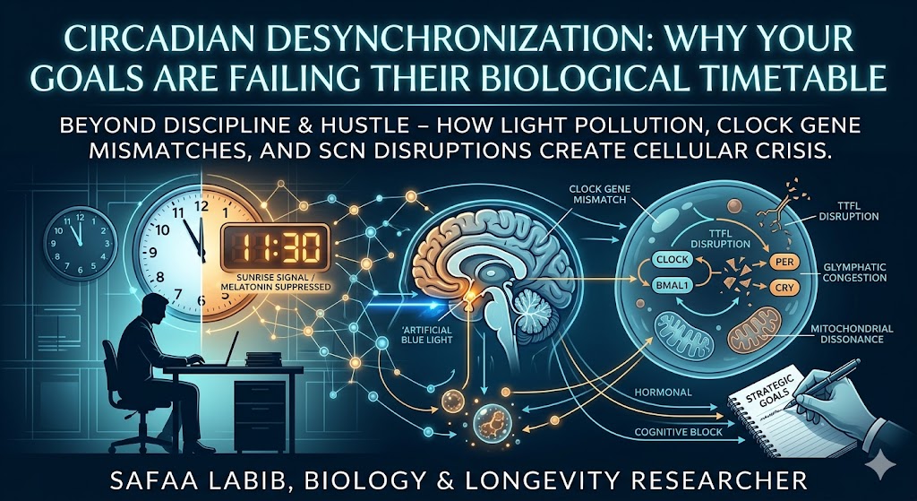 Infographic displaying circadian desynchronization, CLOCK gene negative feedback loop, and SCN pathways affecting human productivity and biological sovereignty.