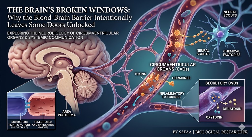 Medical illustration of Circumventricular Organs (CVOs) and fenestrated capillaries showing the connection between the blood-brain barrier and systemic inflammation.