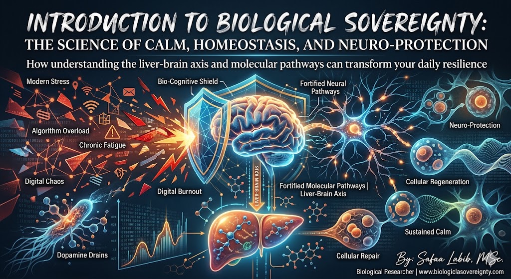 Biological Sovereignty banner, visualizing the liver-brain axis and neuro-protection pathways against digital stress.