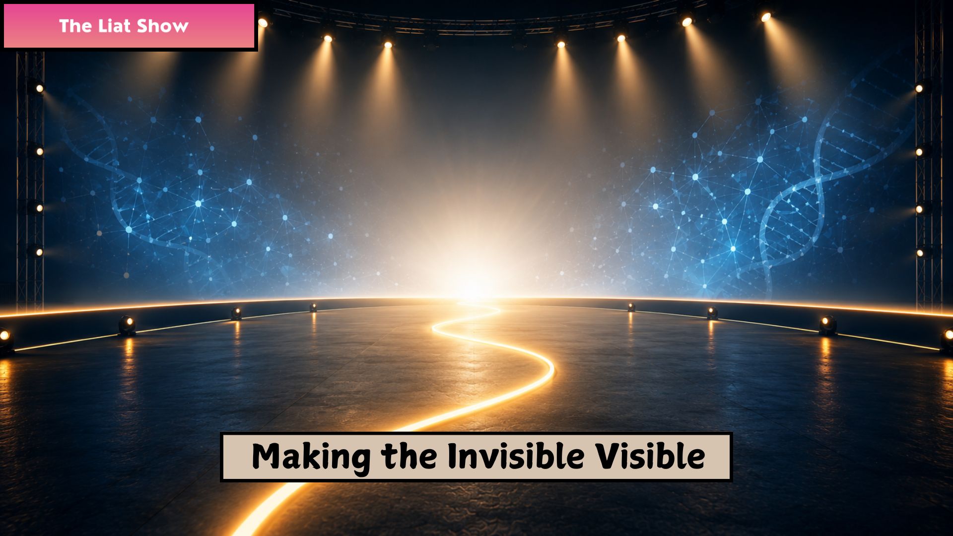 Liat Portal for The Liat Show shows an empty concert stage with warm spotlights, a glowing golden path across the floor, and a bright research light ahead. Faint blue scientific network patterns and DNA shapes appear in the background, connecting performance, movement, public visibility, and Parkinson’s research. The image supports the seventh episode in the Parkinson’s series by Liat Portal, written with Dr. Minna Schmidt, and connects Ozzy Osbourne, Sharon Osbourne, Black Sabbath, final performance, public advocacy, Parkinson’s visibility, and the moment visibility becomes useful. stage path, public advocacy, movement signal, research light, Parkinson’s visibility