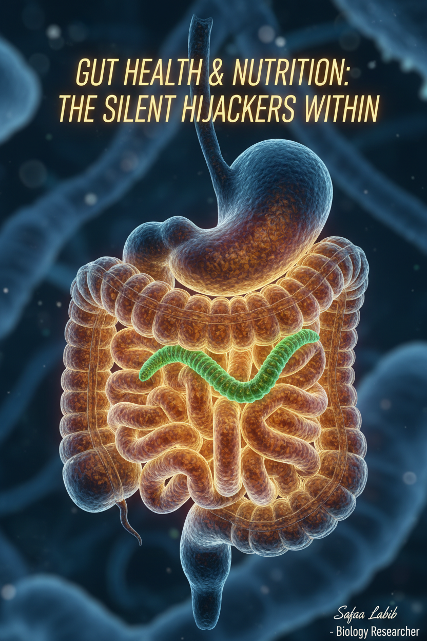 A 3D scientific illustration of the human digestive tract with an intestinal parasite, featuring text "GUT HEALTH & NUTRITION: THE SILENT HIJACKERS WITHIN" and signed by Safaa Labib - Biology Researcher.