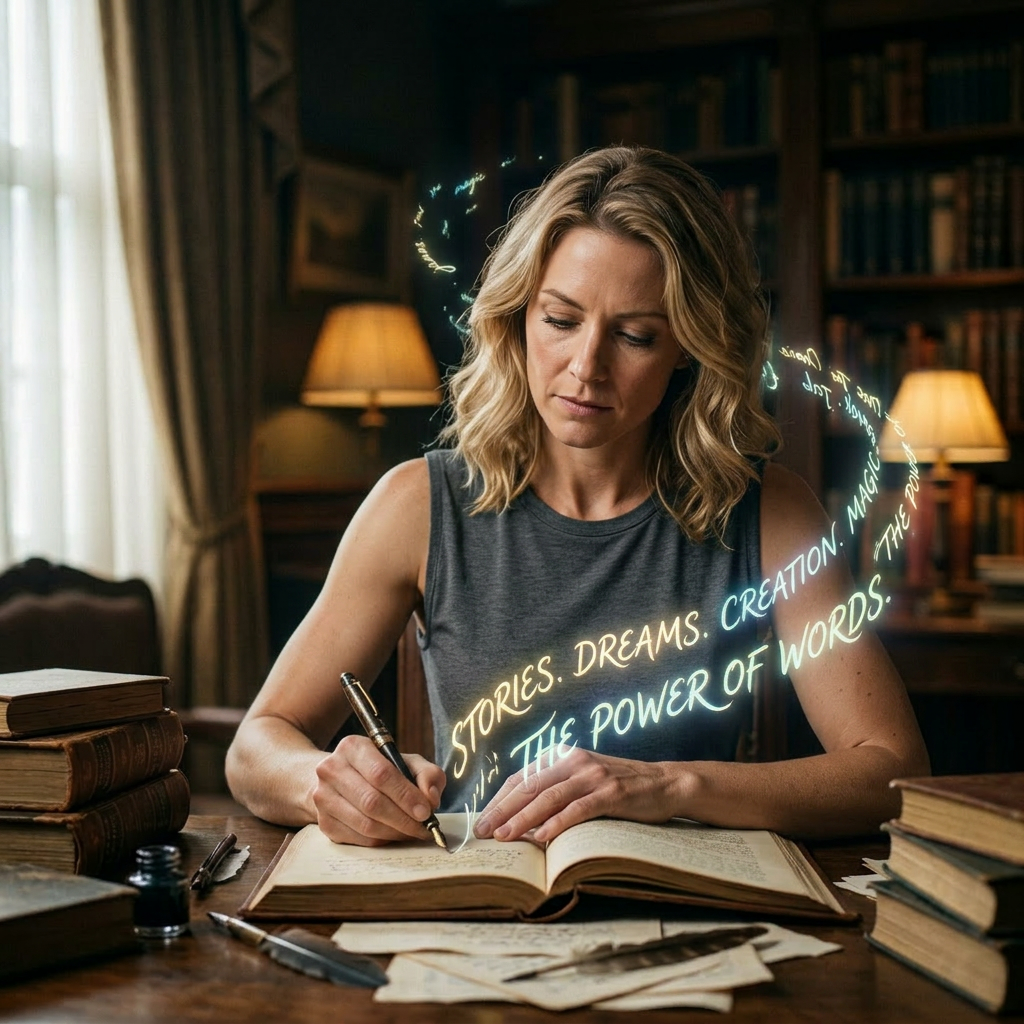 Older man writing in a book with glowing magical words floating around
