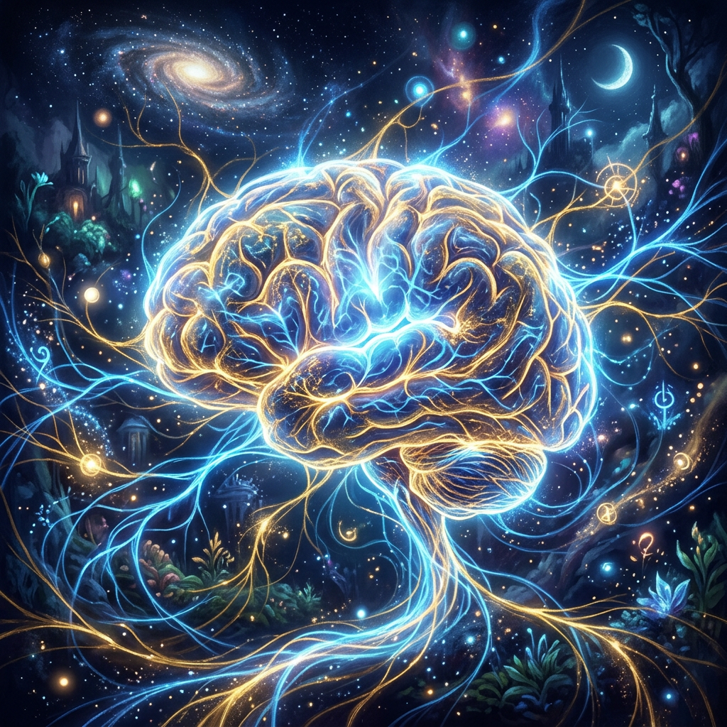 Glowing neural brain connections intertwining with cosmic stars and galaxies