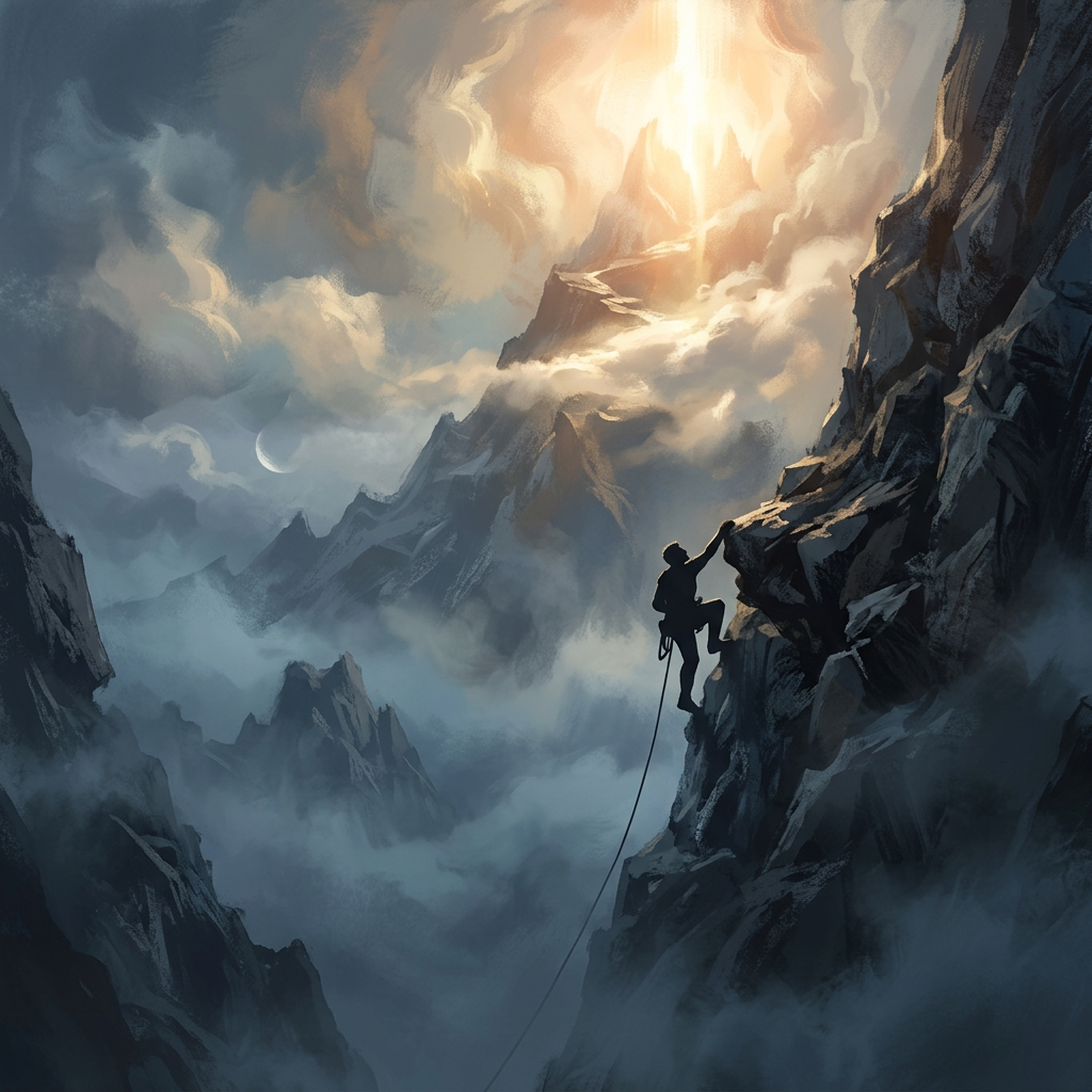 Climber scaling a rugged mountain face amid clouds toward bright sunlight