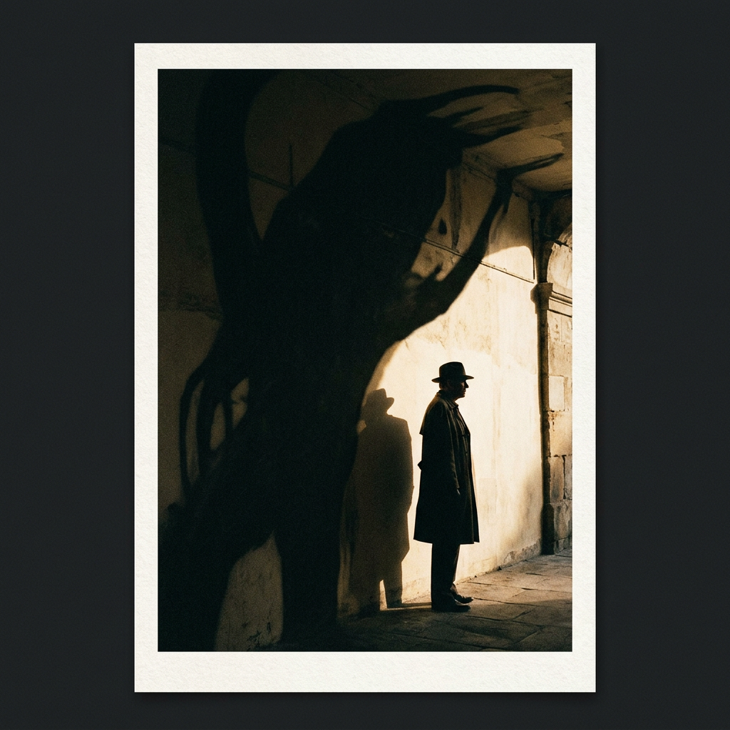 Man in hat and coat with eerie monster shadow on wall