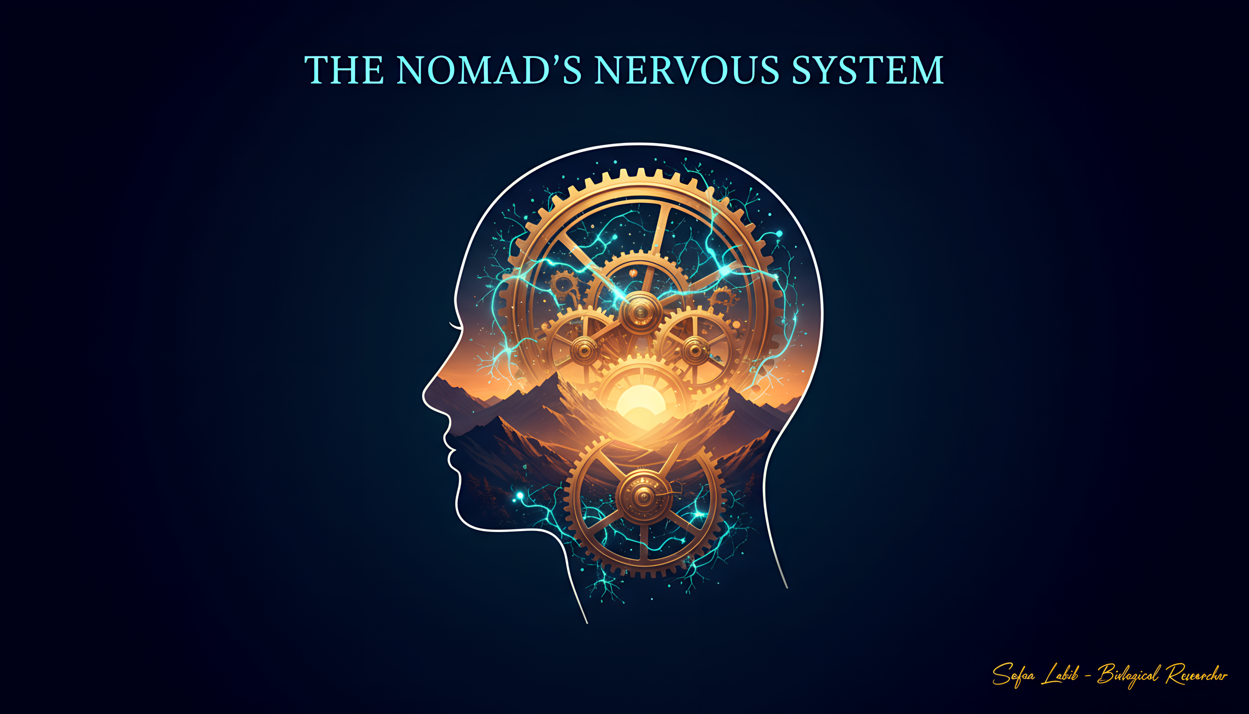 Scientific illustration visualizing the neuro-metabolic cost and nervous system impact of digital nomad travel.