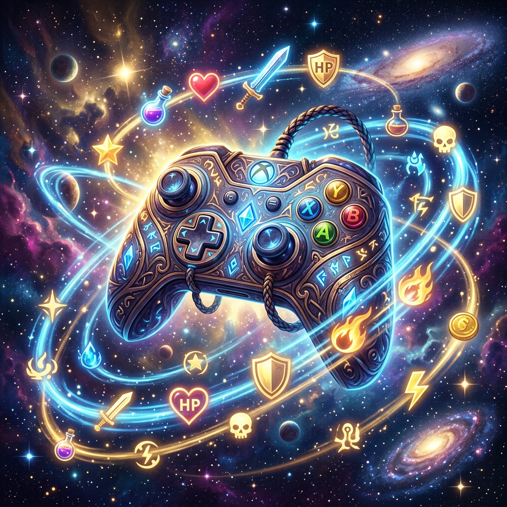 Intricately designed gaming controller with glowing buttons and magical symbols floating in space
