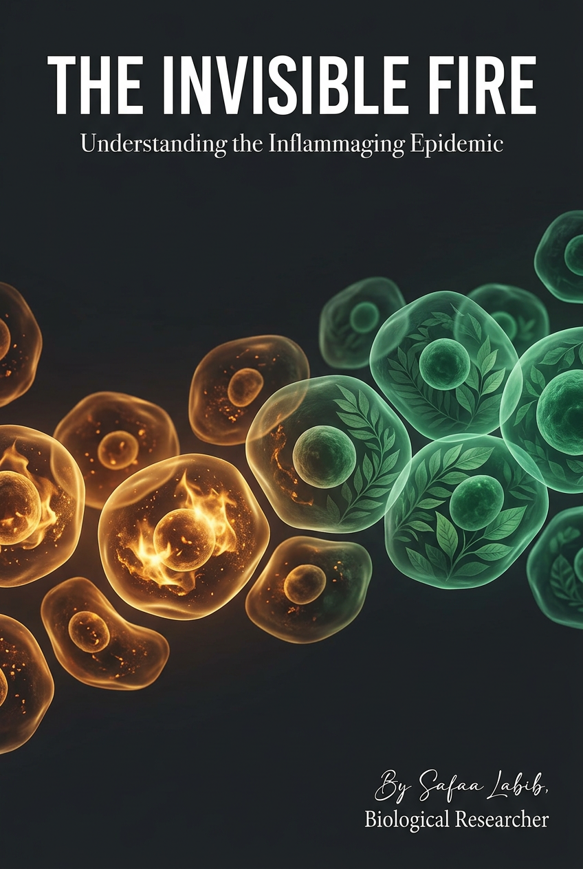 Conceptual scientific illustration showing a cellular brain-like network transitioning from warm amber inflammatory tones to cooling green healing patterns.
