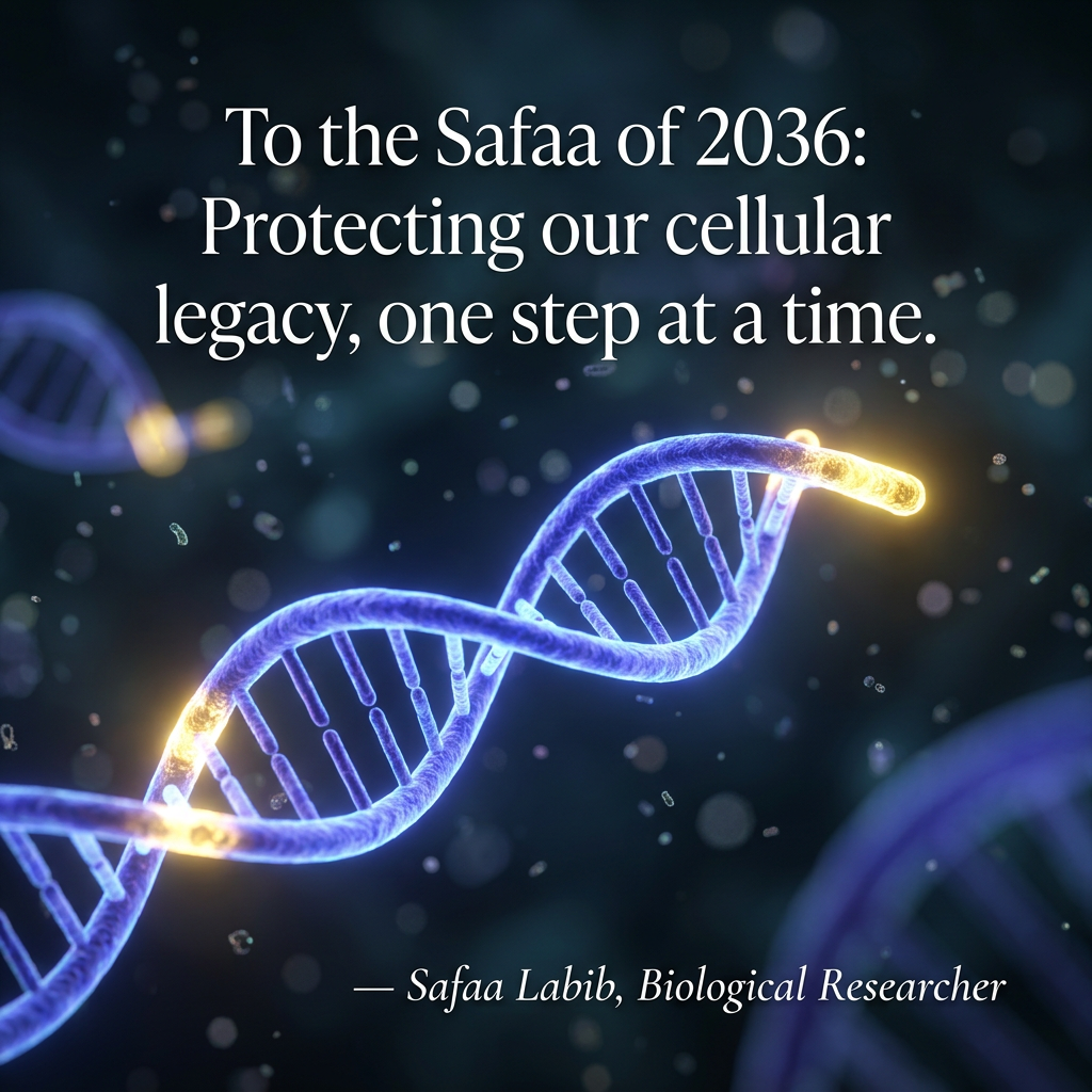 A conceptual 3D visualization of chromosome telomeres as glowing protective end caps, representing biological longevity and cellular health.