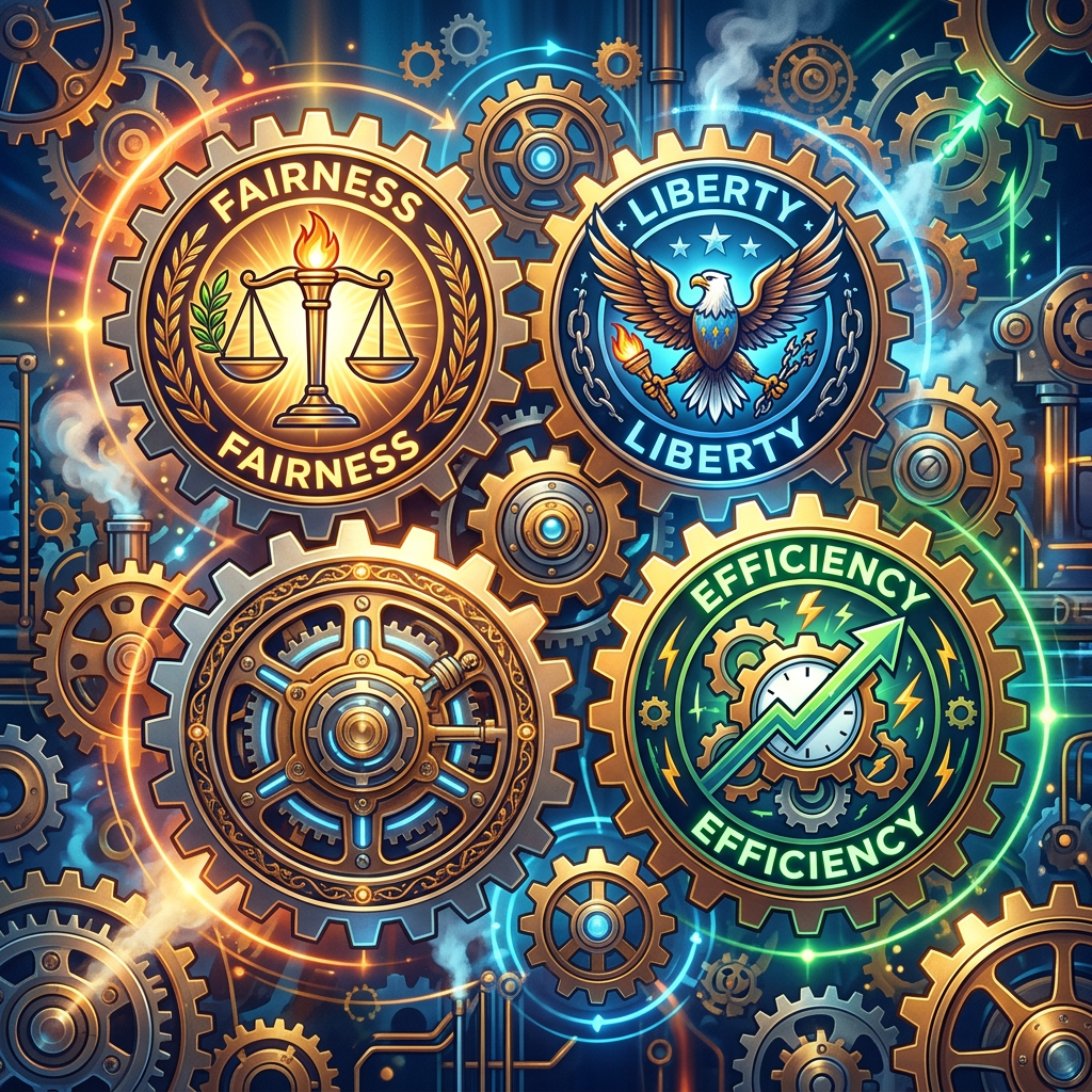 Gears with icons and labels for Fairness, Liberty, and Efficiency connected in a mechanical system
