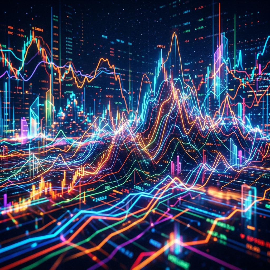 3D financial market data visualization with colorful graphs and fluctuating trends