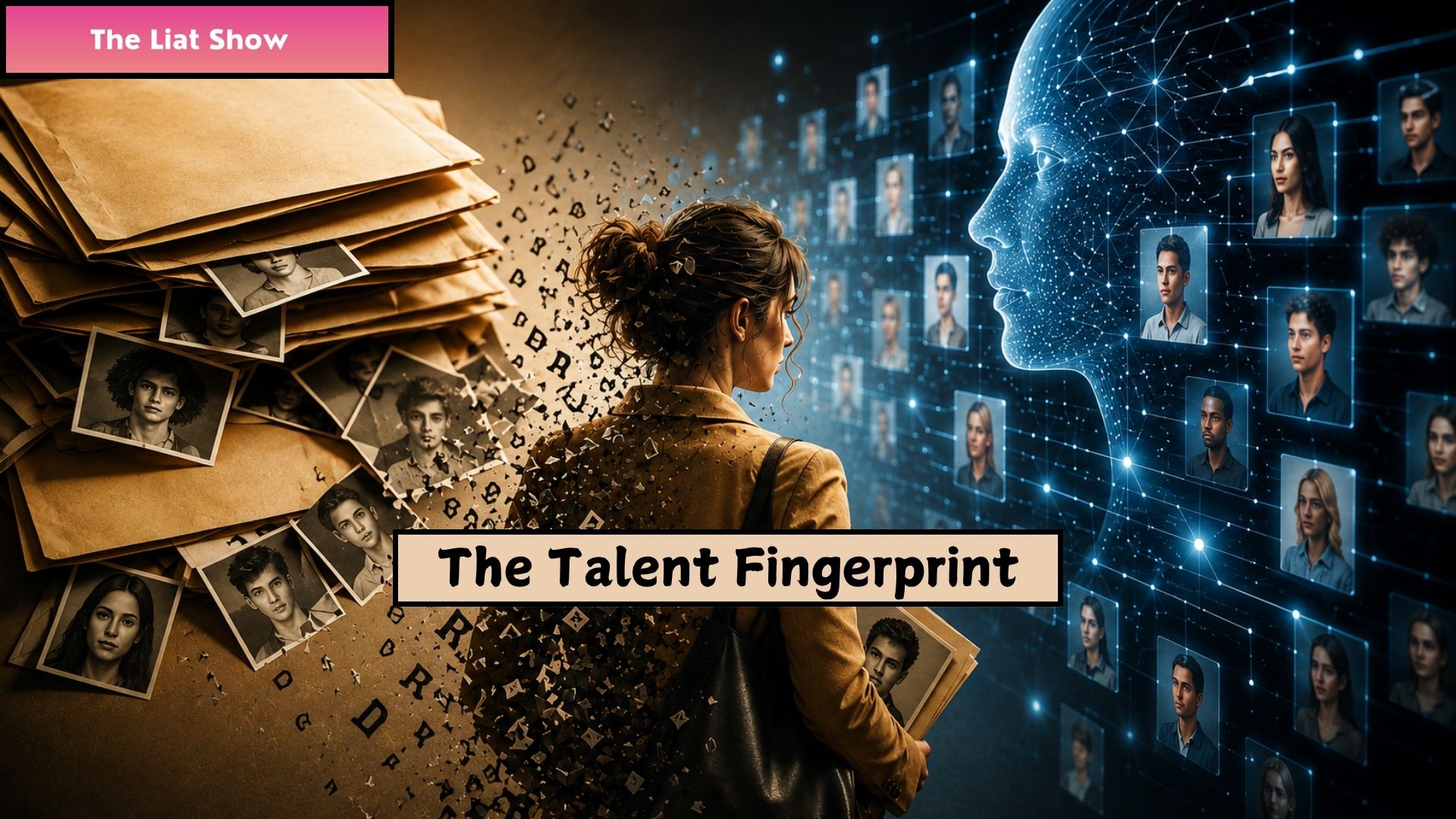Liat Portal for The Liat Show presents The Talent Fingerprint. A woman stands between two systems of talent evaluation. On the left, stacks of paper files and scattered headshots represent traditional scouting, fragmented information, and human evaluation. Letters and fragments break away around the woman as she moves toward the right, where a luminous AI face appears within a network of connected talent portraits and nodes. talent fingerprint, talent scouting, creator identity, system signature, structural analysis, AI reconstruction, intellectual property, talent evaluation. The image visualizes the transition from evaluating visible signals around talent to identifying relationships and structure across accumulated creative work.