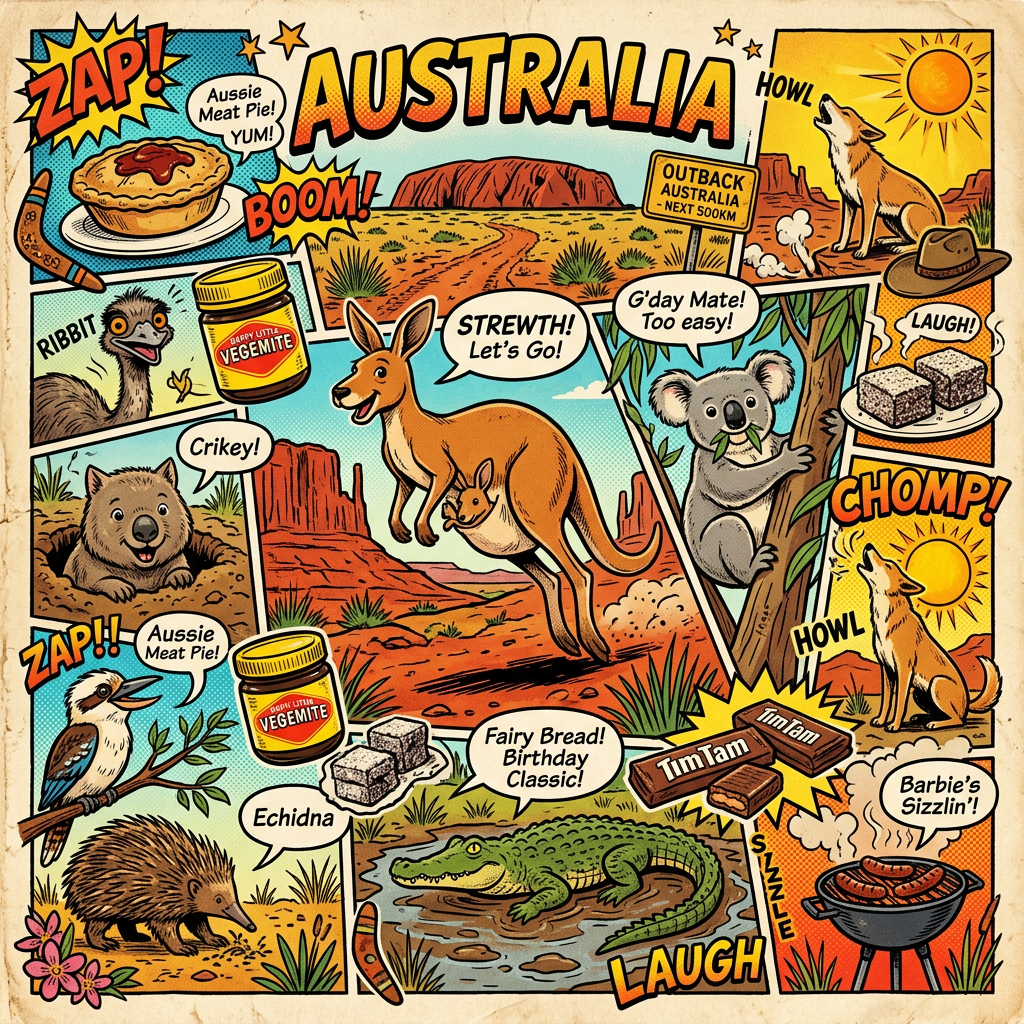 Comic collage reading AUSTRALIA, featuring kangaroo, koala, emu, kookaburra, echidna, crocodile, dingoes, meat pie, Vegemite, Tim Tams, barbecue, and speech bubbles saying ZAP, BOOM, HOWL, RIBBIT, Crikey, G'day Mate, CHOMP, Fairy Bread, Barbie's Sizzlin', LAUGH, and SIZZLE.