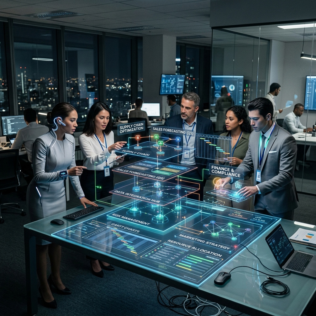 Team analyzing holographic dashboards labeled Supply Chain Optimization, Sales Forecasting (Q3), Finance & Compliance, Data Integration Hub, Risk Management, Gantt Charts, Marketing Strategy, and Resource Allocation.