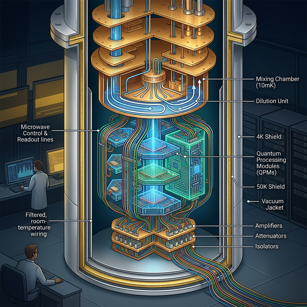 Cutaway diagram of a quantum computer cryostat with labeled components