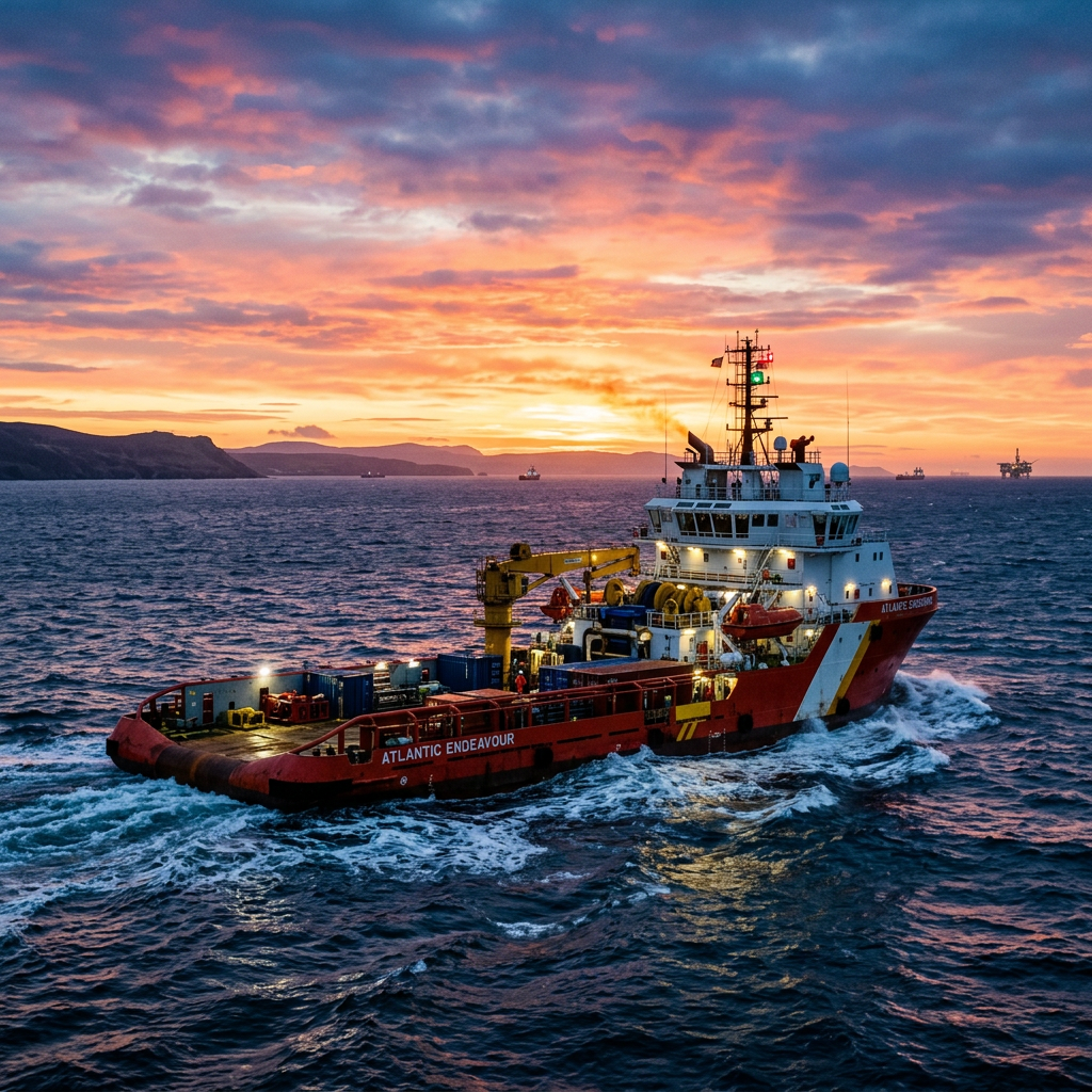 Atlantic Endeavour offshore support vessel sailing at sunset
