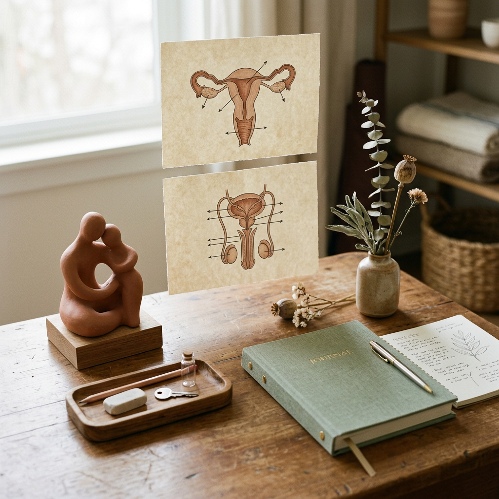 Female and male reproductive system diagrams displayed above a study desk