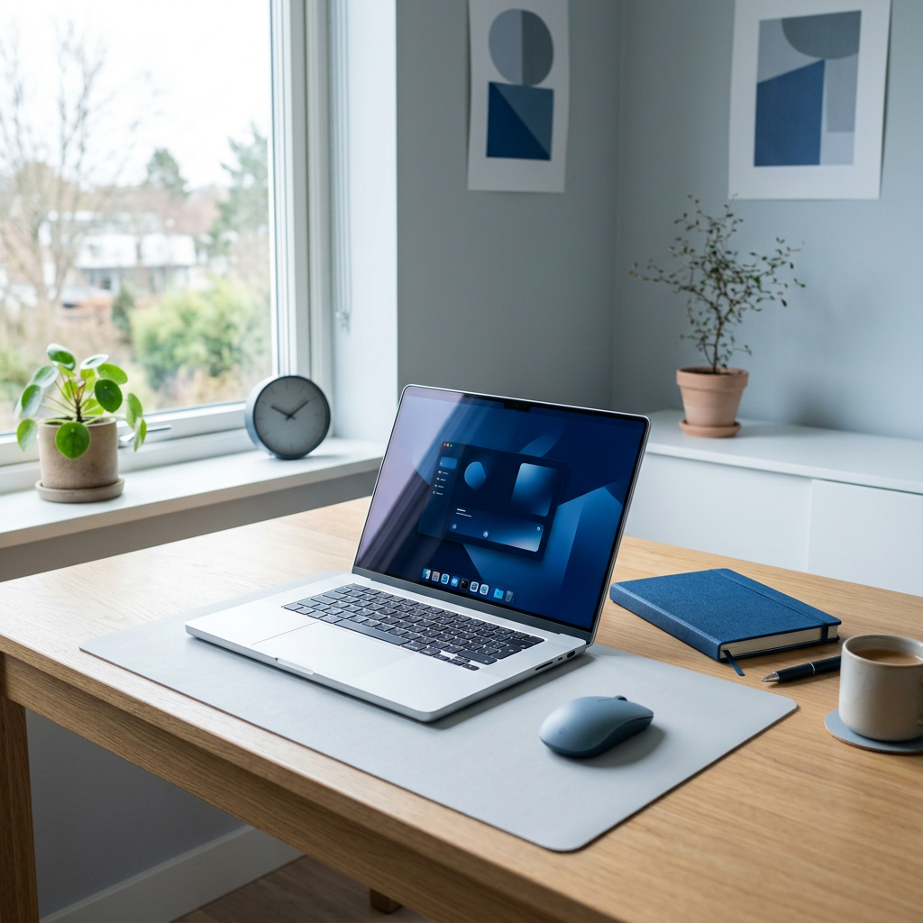 Laptop, mouse, notebook, coffee, and plants on a home office desk