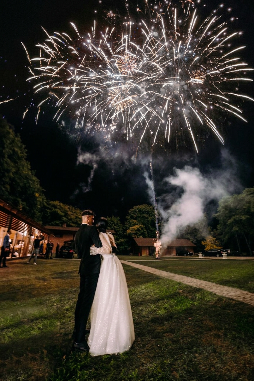 wedding couple standing on a lawn at night and looking at white fireworks