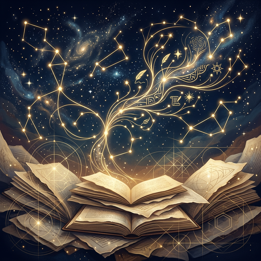 Open books beneath glowing constellations, stars, and mystical golden symbols