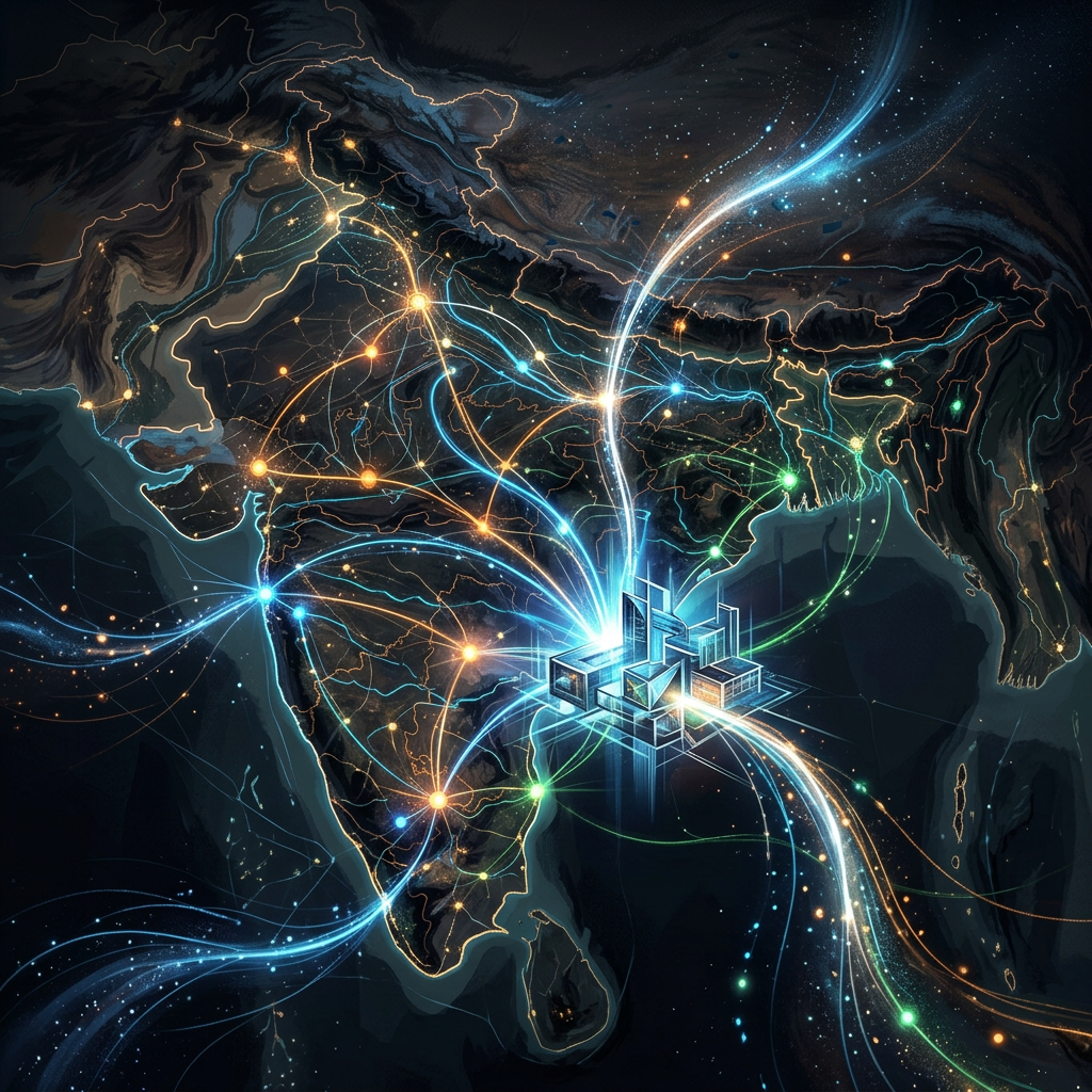 Stylized map of Africa with glowing data routes and a central digital hub
