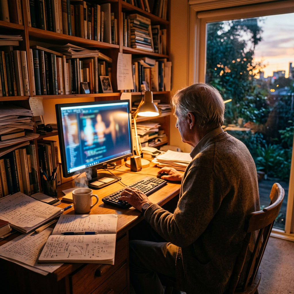Person working at a computer in a book-filled study beside a sunset window