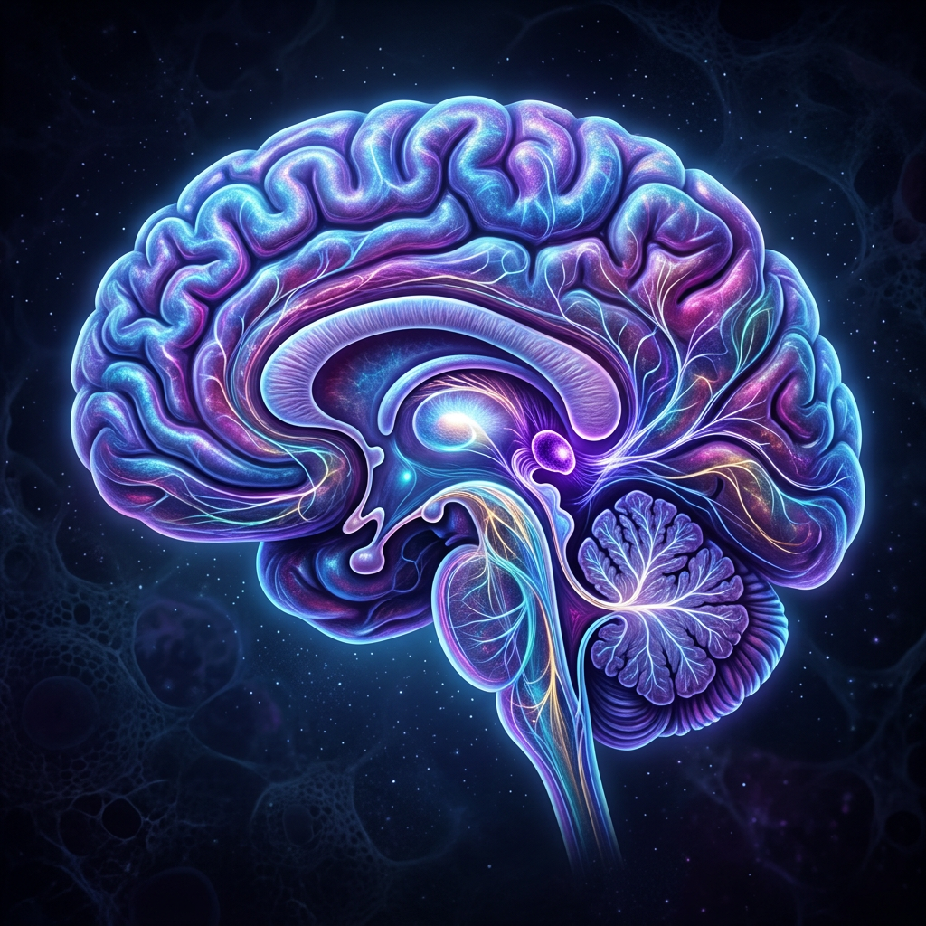 Stylized side-view human brain with glowing neural pathways against a starry background