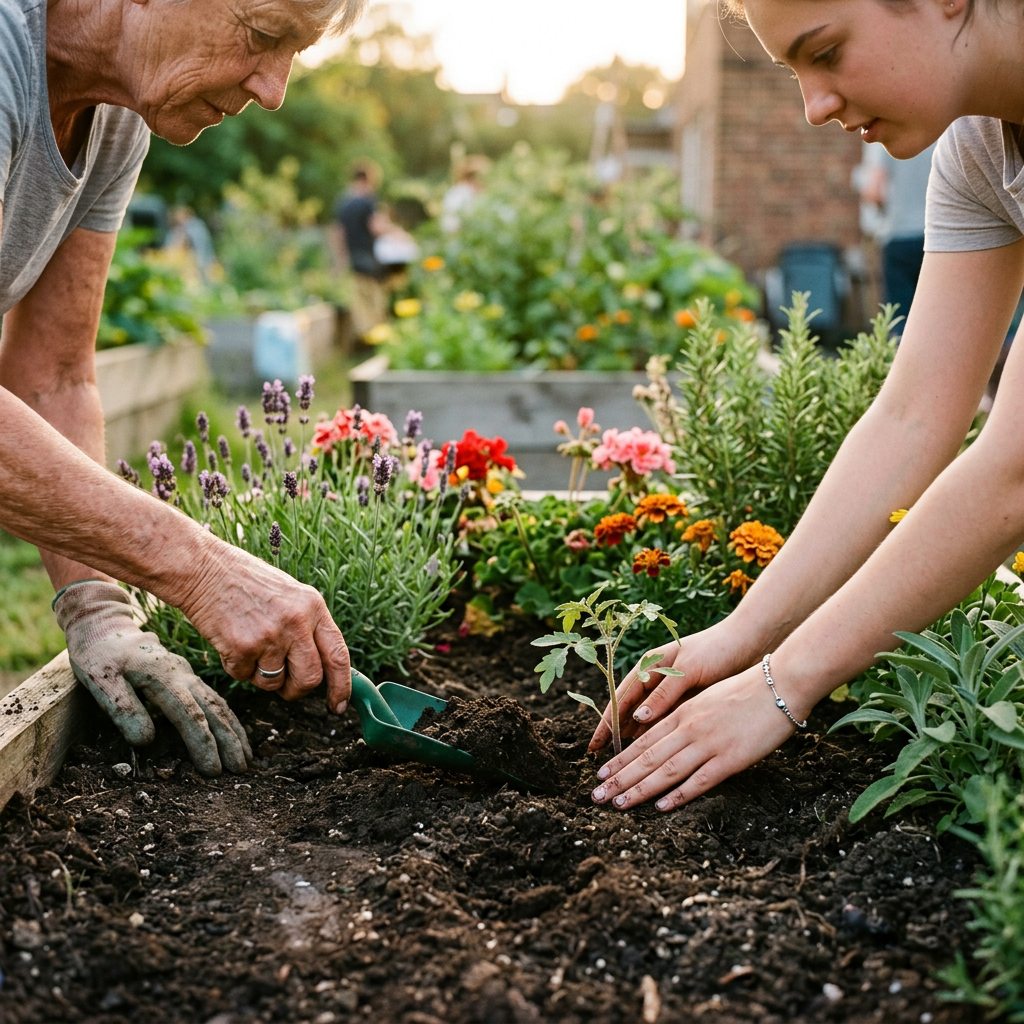 Older gardener and young woman planting a seedling together