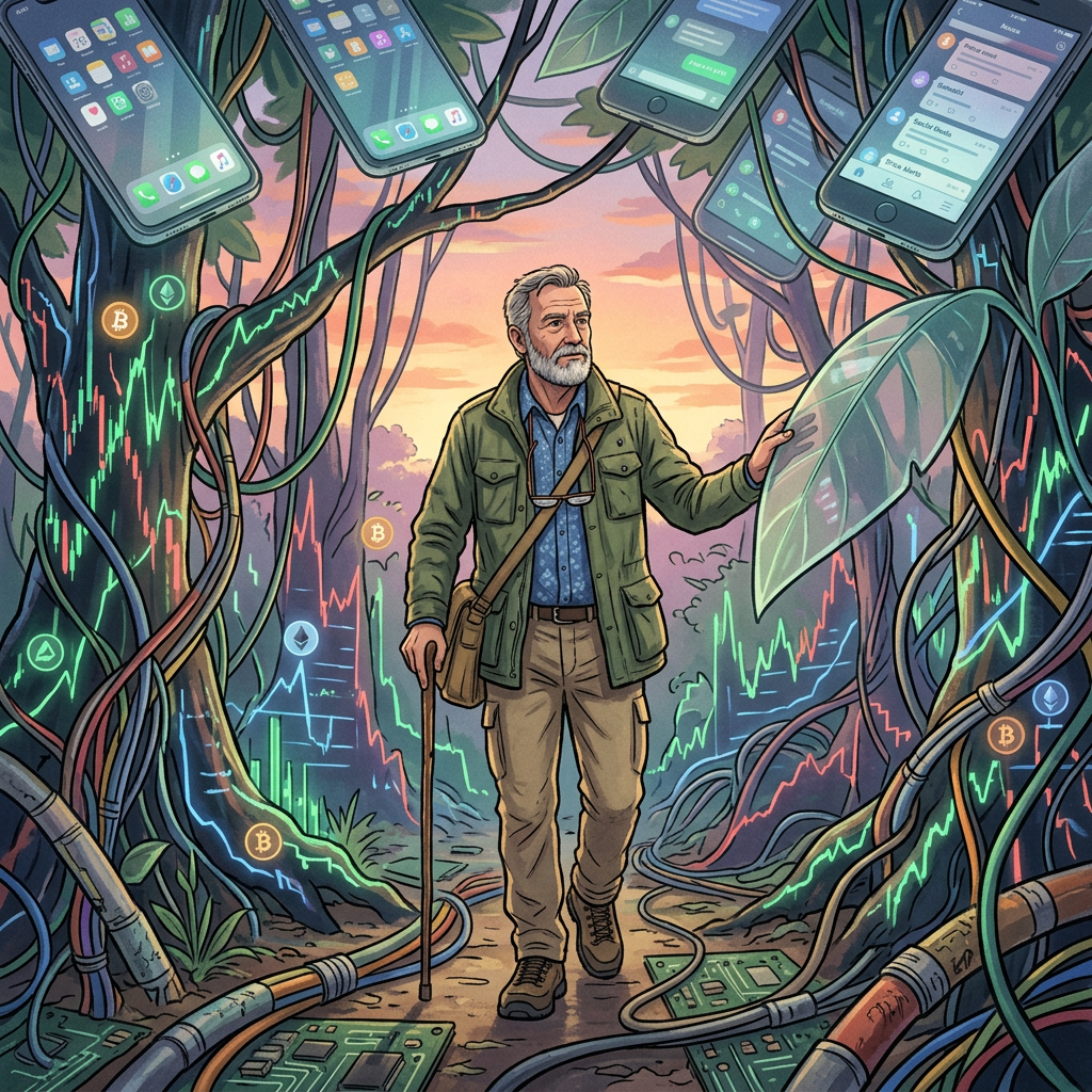 Bearded man walking through a forest filled with smartphones, cryptocurrency symbols, and market charts