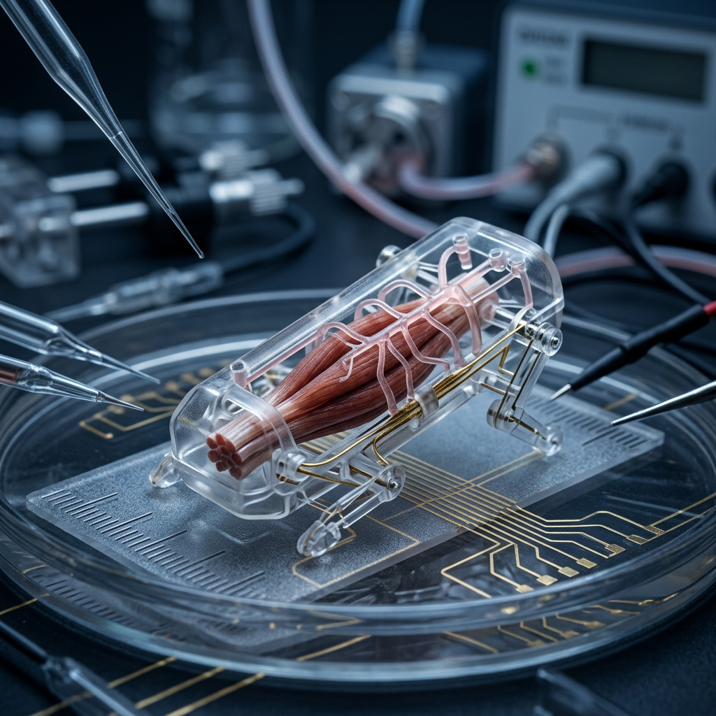 Engineered muscle fibers inside a transparent chamber on a circuit board