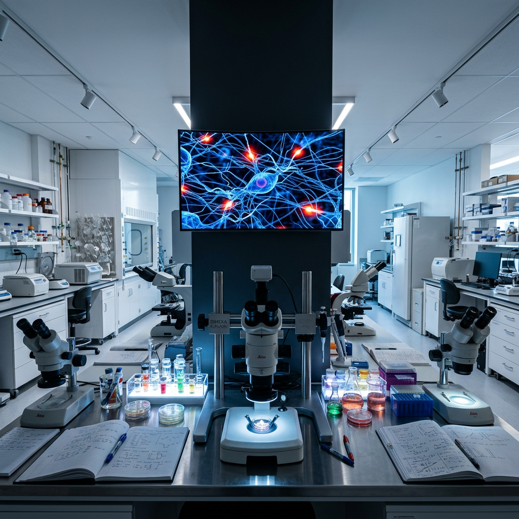 Modern neuroscience laboratory with subtle Dihexa formula