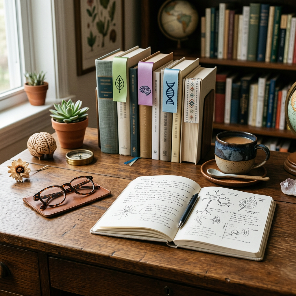 Open notebook, books, coffee, glasses, plants, and globe on a wooden desk
